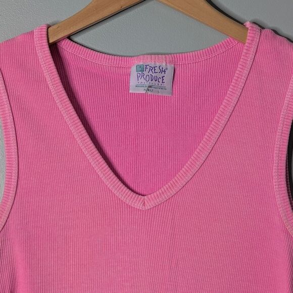 Fresh Produce Vintage Hot Pink V-Neck Ribbed Stetch Cotton Tank Top Size L - Picture 2 of 8